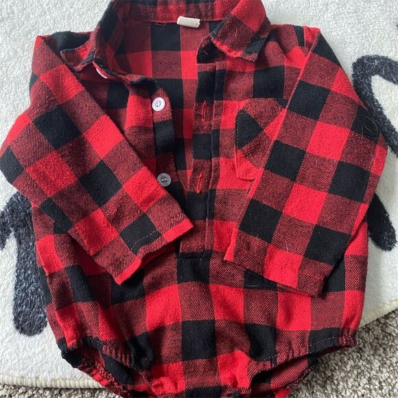 Unisex Red Buffalo Plaid Button Down Onesie - Picture 1 of 2